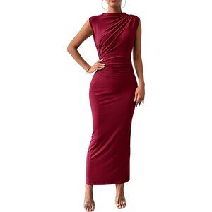 Women's Wine Red Bodycon Summer Casual Sleeveless Slit Cocktail Elegant Maxi
